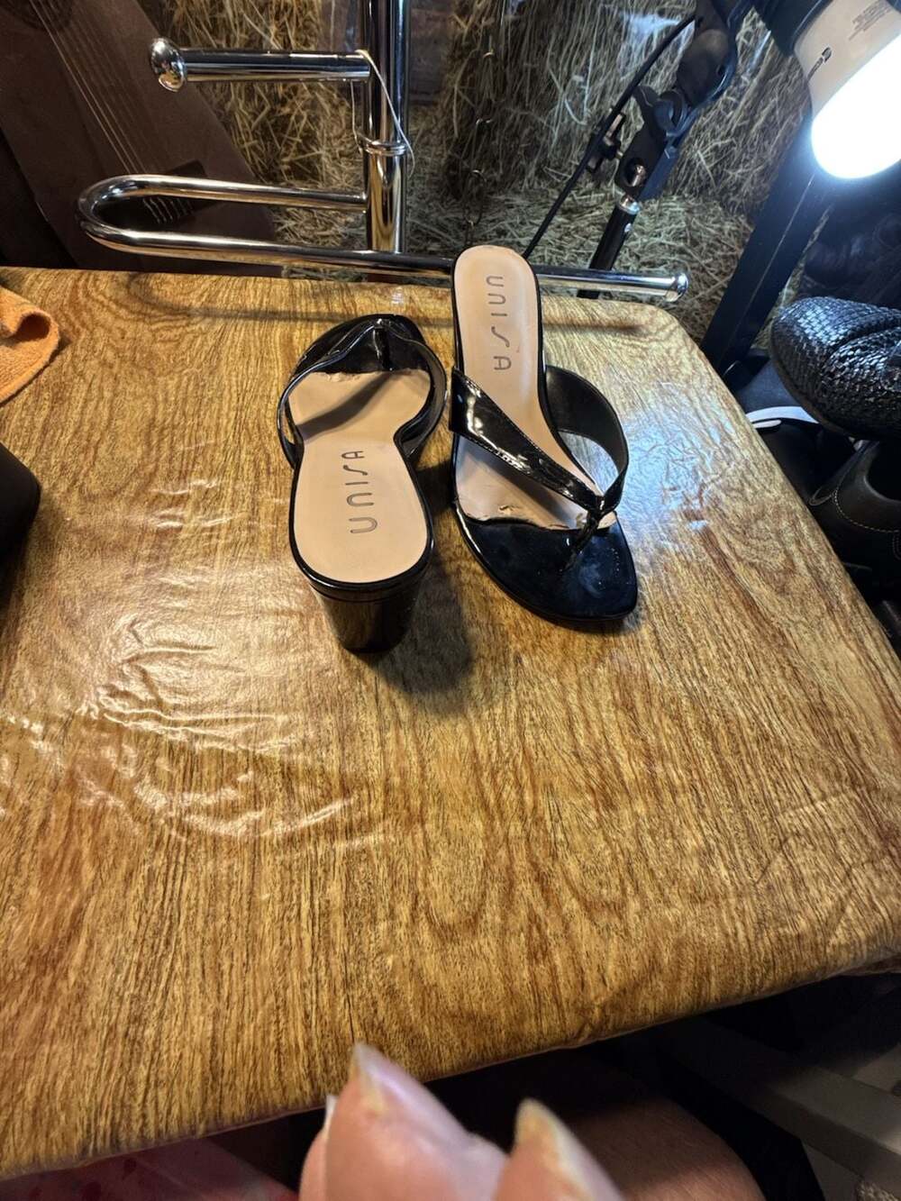 Unisa Black Patent Thong Block Heel Sandals